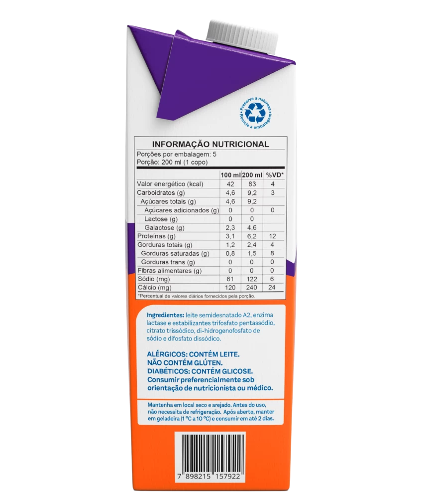 Tabela nutricional - Leite Semidesnatado Zero Lactose A2 1L